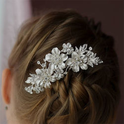 White Silver Hairpin with Enamel Flowers and Sparkling Crystals