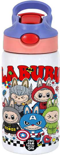 Koupakoupa Labubu Superheroes Stainless Steel Kids Water Bottle Labubu with Straw Pink 350ml