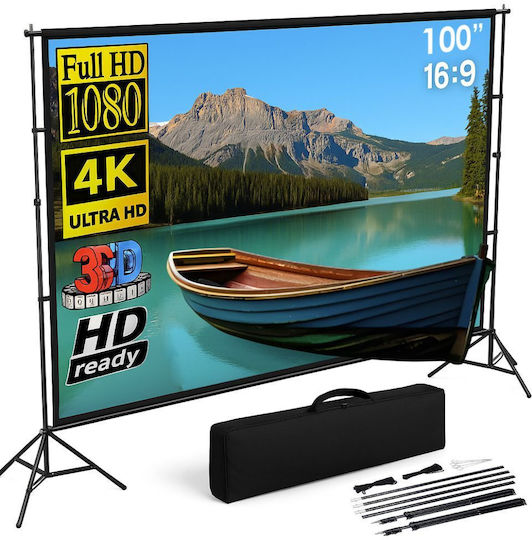 Ecran Proiecție 100 Inch Trepied Linomag Proiecție Față Spate Format 16:9 4K HD Unghi Larg 160° Ideal Pentru Utilizare Interioară Exterioară Pliabil Instalare Rapidă Husă Transport Inclusă Alb