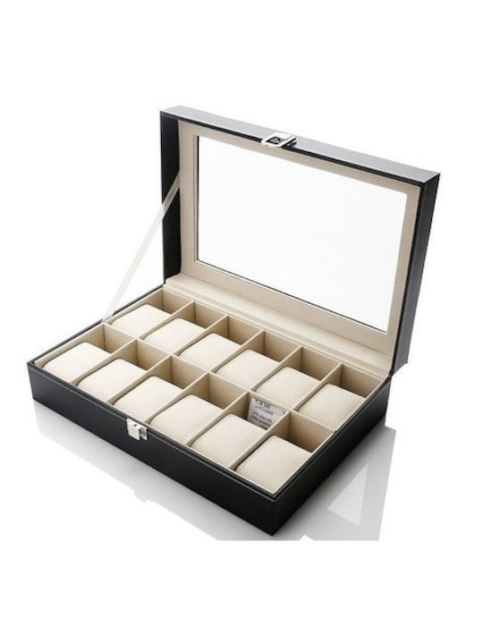 Storage Box Watches 12 Compartments Detachable Soft Cushions Made Eco Leather Black Cream