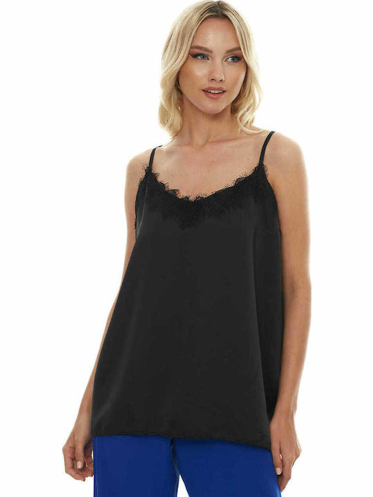 Women's Summer Blouse Satin with Straps Black