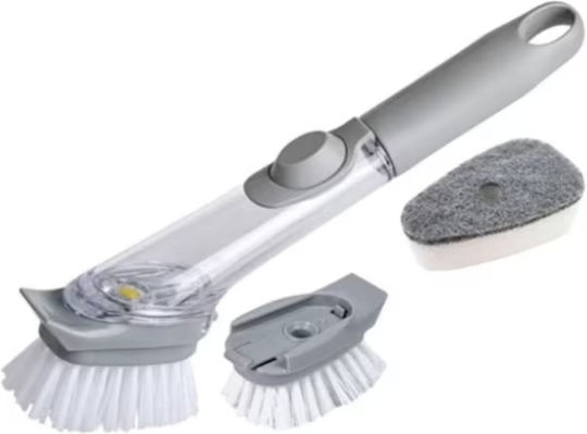 Perie De Vase Multifuncțională Cu Mâner Lung Rezervor Pentru Detergent 2 Capete De Schimb 1 Perie 1 Burete 24 Cm Gri