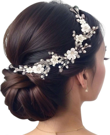 Official Handmade Floral Mesh Hairband Hair Decorated with Shiny Pearls Sparkling Rhinestones Diamonds White Silver