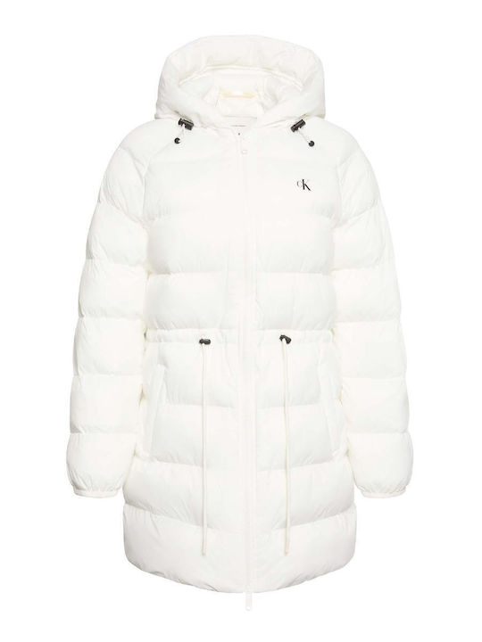 Women's Long Puffer Jacket for Winter with Hood White