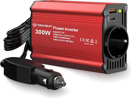 Techsuit Car Inverter 300W to Converter 12V DC in 220V AC with 2xUSB