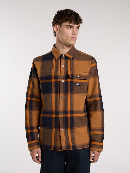 Nimmons Long Sleeve Overshirt In Wide Line Checked Brown/Dark Blue