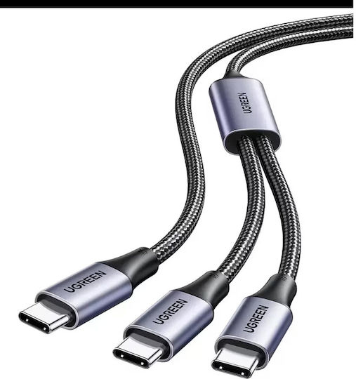 Ugreen Power Data Кабел "us561" Бързо Зареждане Usb Type-c Към 2 X Usb Type-c Макс 100w Плетен 1.5m Сив