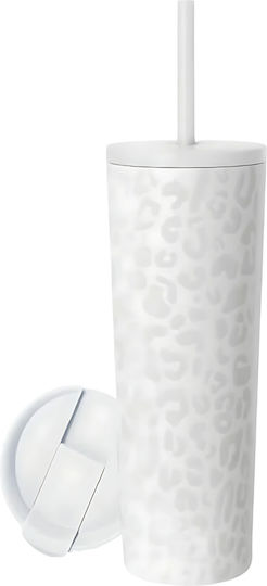 Cool'NMore Pahar Termos Oțel Inoxidabil Fără BPA 750ml Alb Leopard Cu Pai Și Mustiuc