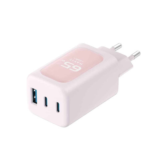 Havit Зарядно без кабел с USB-A порт и 2 USB-C порта 65W Розов (UC260)