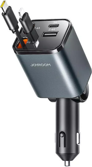 Joyroom JR-CCL05 Φορτιστής Αυτοκινήτου 30W με Θύρες: 1xUSB 1xType-C μαζί με Καλώδιο Lightning / Type-C Γκρι Χρώμα