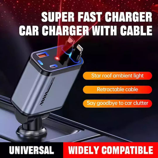 Car Charger 120W Fast Charging with Ports: 2xUSB 1xType-C with Cable Type-C / Embedded