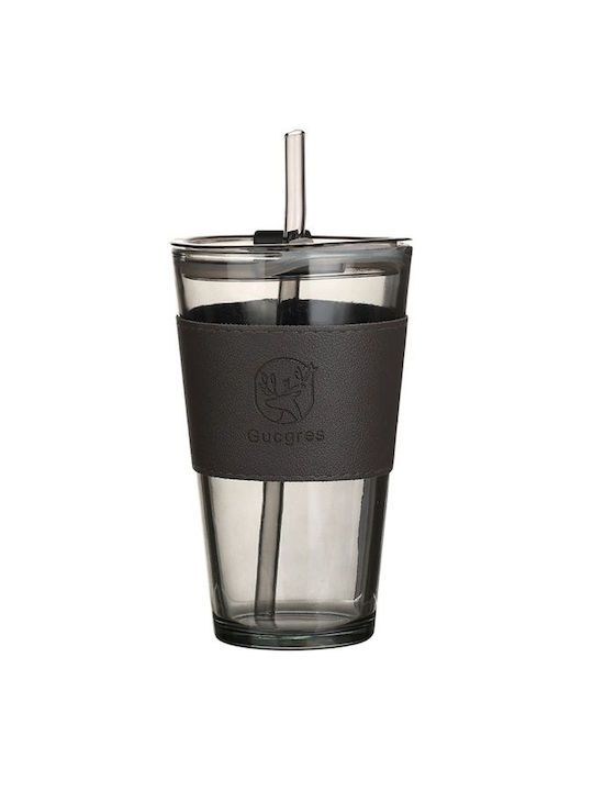 Galifas Glas Wasser aus Glas in Schwarz Farbe mit Strohhalm 400ml