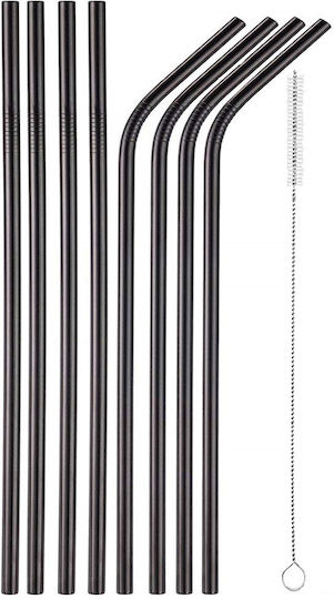 8 Paie de Băut Metalice 26.5cm Titanium Negre 1 Periuță de Curățare