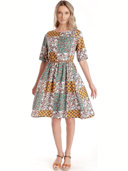 Sommer Midi Damenkleid Creme Senf Grün