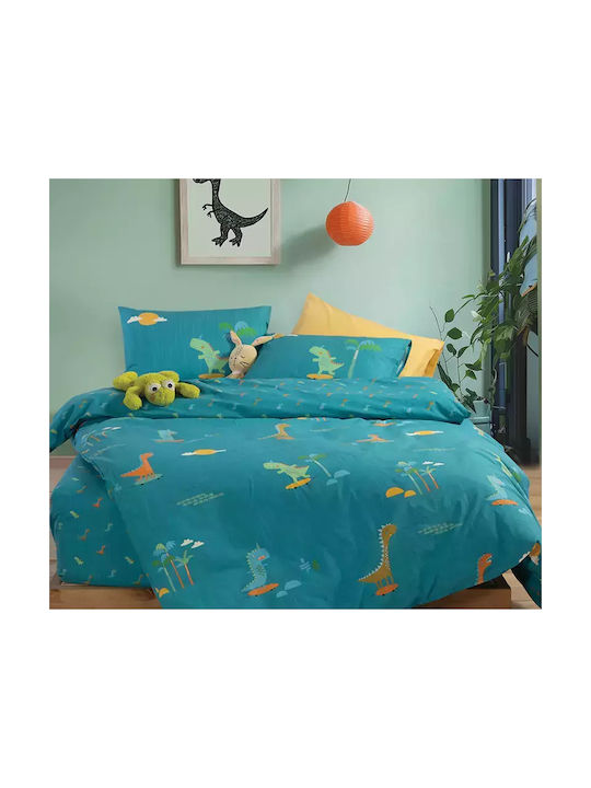Nef-Nef Homeware Sheet Set Single Cotton Dinos On Wheels Blue 170x260cm 3pcs