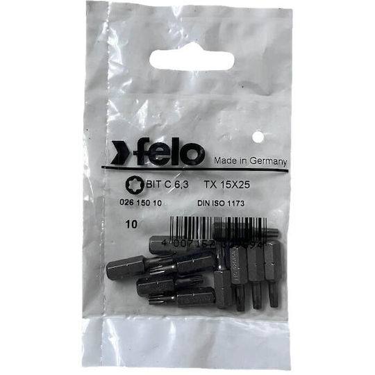 Set 10 Industrial Series Torx Profile Bits C6.3 Tx15 25mm
