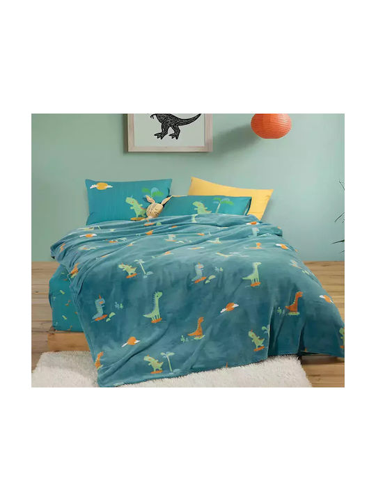 Nef-Nef Homeware Blanket Fleece Dinos On Wheels Petrol 160x220cm