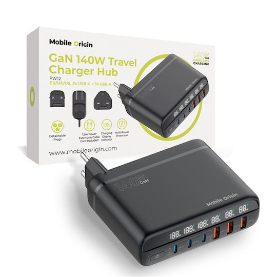 Mobile Origin Φορτιστής Χωρίς Καλώδιο GaN με 3 Θύρες USB-A και 3 Θύρες USB-C 140W Power Delivery Μαύρος