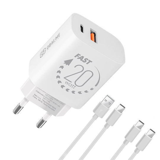 Obal:Me Зарядно Устройство с USB-A и USB-C Изходни Портове и Кабел USB-C - USB-C 20W Quick Charge 3.0 Бял (OM20WCASET)
