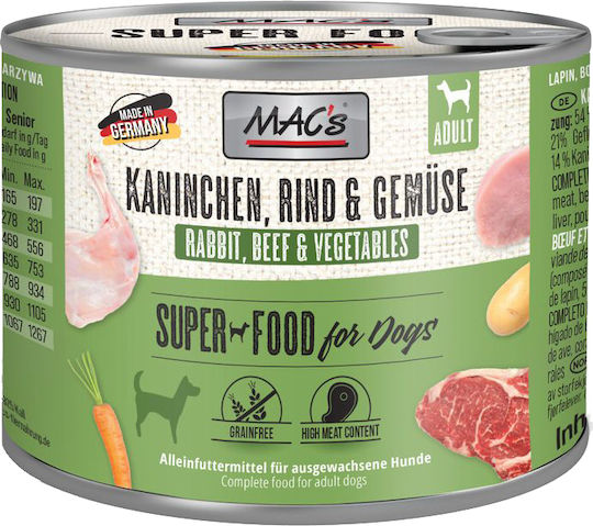 Mac's Hrană Umedă pentru Câini în Conservă cu Iepure, Carne de vită și Legume fără Cereale 200gr