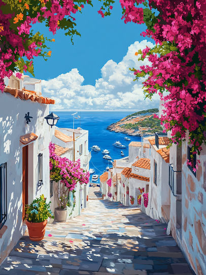 Olympus Diamond Painting "Narrow Street Bougainvilleas Greece" Mosaic "Seaside Alley Bougainvilleas Greece" 50x40