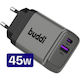 Buddi GaN с USB-A порт и USB-C порт 45W Power Delivery Сив
