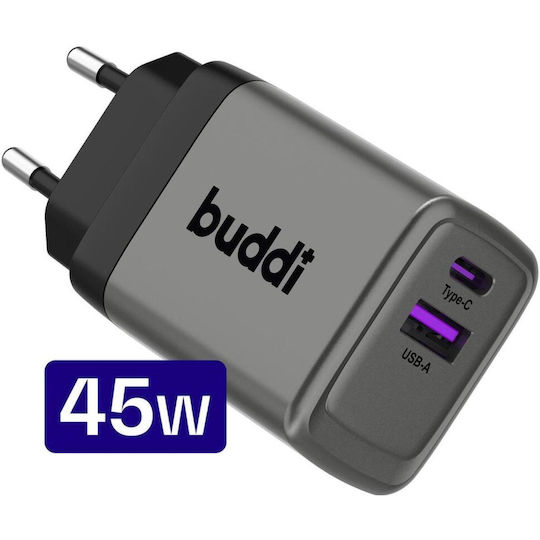 Buddi GaN с USB-A порт и USB-C порт 45W Power Delivery Сив