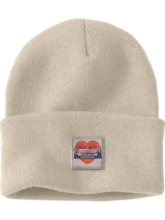 Heart Patch Beanie Unisex Beanie with Rib Knit in Beige color