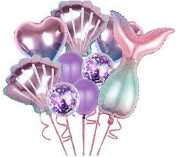 Set Baloane Aniversare Fete Set 9 Baloane Flippy Tematică Sirenă 5 Baloane Folie 4 Baloane Latex Inimi Violet Metalizat