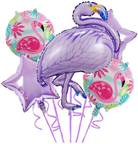 Baloane Flamingo Party Aniversare Flippy Aluminiu Folie Latex Set 5 Baloane 1 Flamingo 2 Stele 2 Rotunde 60 X 90 Cm Paiade Adeziv Incluse Violet