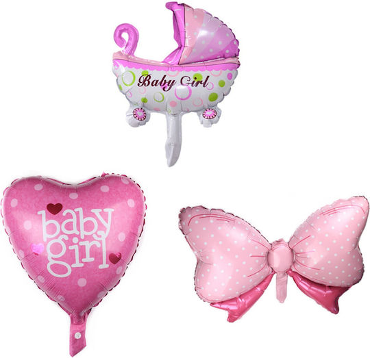 Set 3 Baloane Folie Metalizată Figuri Flippy Cărucior Inimă Fundiță Tematică Botez 45 Cm Ambalaj Individual Pai Inclus Umflare Aer Heliu Roz