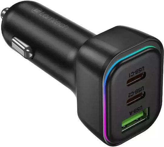 Lamtech Car Charger 60W 2.75A Fast Charging with Ports: 1xUSB 2xType-C with Cable Embedded Black Color