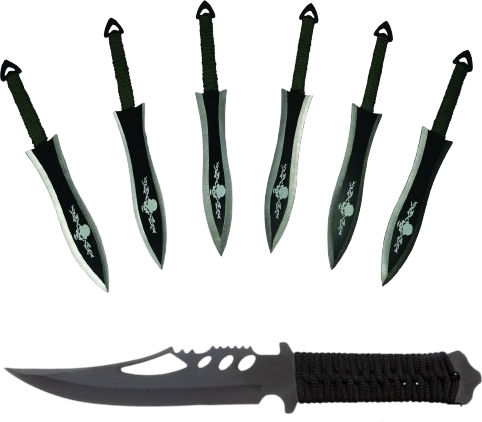 Set Cuțite Extreme Battle De Vânătoare Șase Cuțite De Aruncat Black Fury Oțel Inoxidabil Toc Inclus