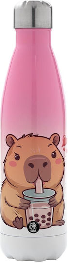 Koupakoupa Capybara Bubble Tea Ανακυκλώσιμο Μπουκάλι Θερμός Ανοξείδωτο BPA Free 500ml Ροζ