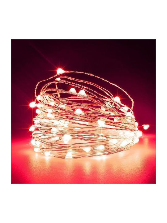 String 100 Mini LED 4.5V Transformer Steady Silver Copper Wire Red LEDs Every 10cm 5m Power Extension IP44 Eurolamp 600-07319