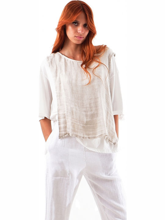 Blouse Women's Summer Blouse Linen Short Sleeve Beige