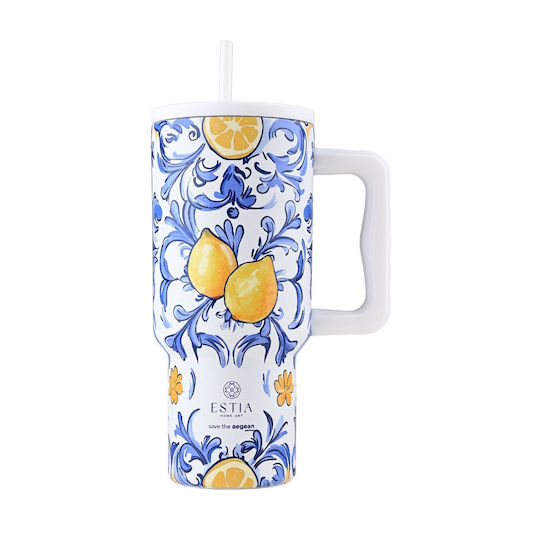 Estia Straw Tumbler XL Save the Aegean Recyclable Handled Tumbler Thermos Stainless Steel BPA Free 900ml Amalfi Coast with Straw and Handle