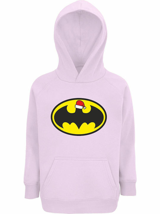 Kids Sweatshirt with Hood and Pockets Creamy Pink Batman loves Christmas