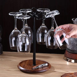 Drehbarer Wein Glas Halter Holzbasis Metallrahmen 6 Gläser Schwarz Braun