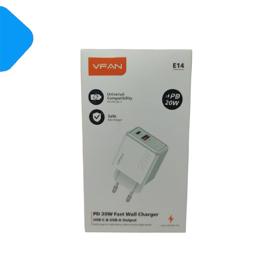 Vipfan Φορτιστής Χωρίς Καλώδιο με Θύρα USB-A και Θύρα USB-C 20W Power Delivery Λευκός (E14)