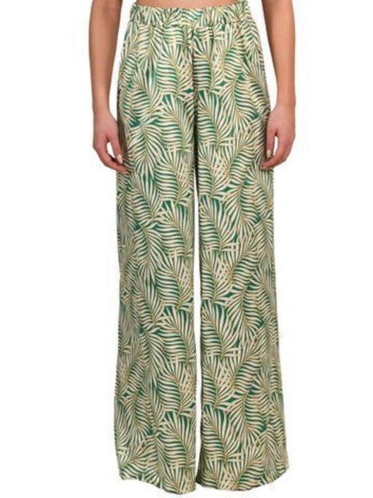 Ino Mei Athens Women's Fabric Palazzo Pants Straight Floral Tropical Green