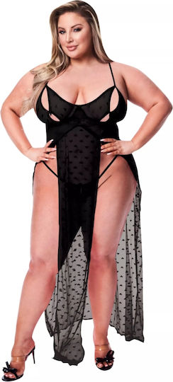 Μαύρο Ανοιχτό Φόρεμα Καρδιές & Στρινγκ Baci Lingerie Mesh Gown & G String Set Queen Size Black 2pcs