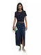Twisted Denim Midi Skirt Dark Blue