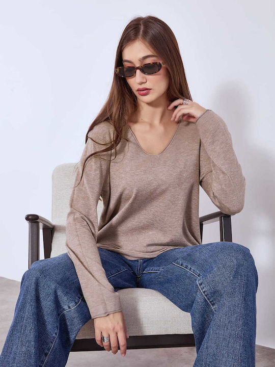 Celestino Women's Sweater Raw Edge Details Light Brown