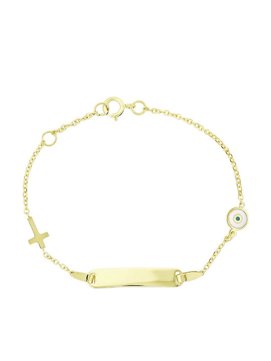 Senzio Belibasakis Kids Bracelet ID from Gold 9K with Evil Eye & Σταυρό