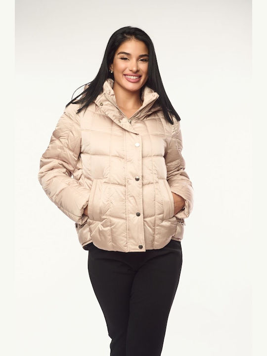Women's Short Lifestyle Jacket for Winter with Hood Beige