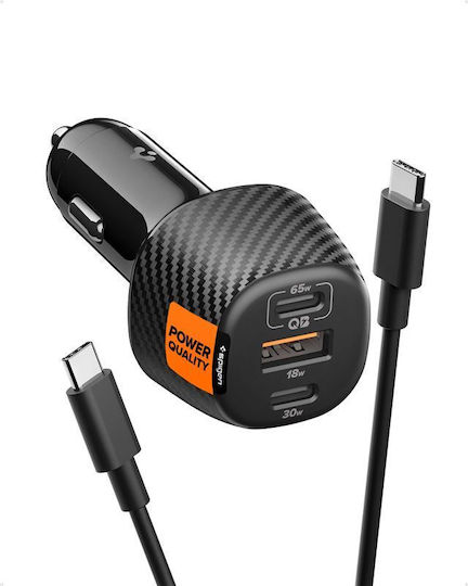 Spigen Φορτιστής Αυτοκινήτου 113W 3.25A με Θύρες: 1xUSB 2xType-C μαζί με Καλώδιο Type-C Μαύρο Χρώμα