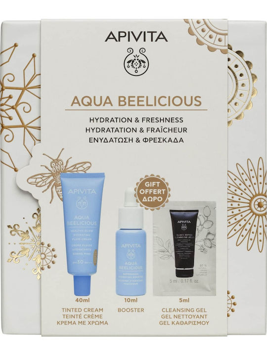 Apivita Aqua Beelicious Routine Skin Care Set for Moisturizing, Facial Cleaning & Brightening with Color 3pcs