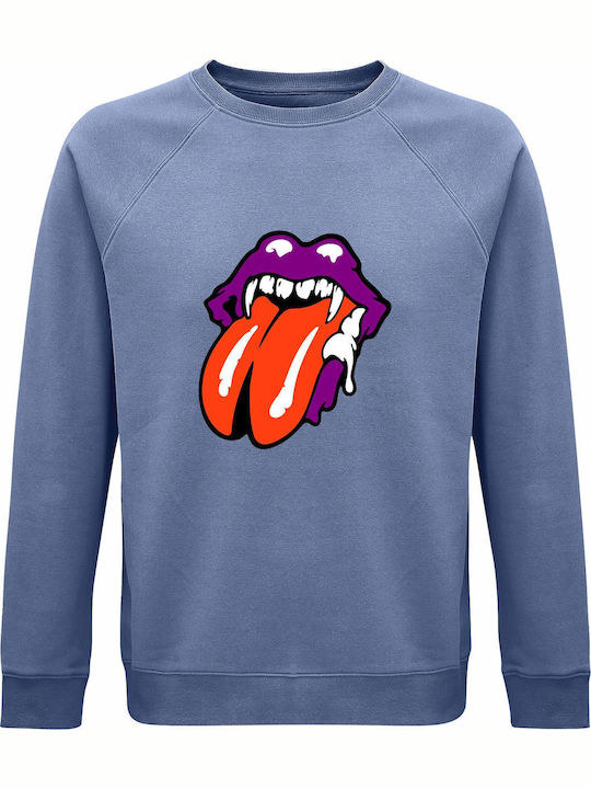 Unisex Organic Cotton Printed Blouse Rolling Stones Lips Horror Halloween Edition Blue