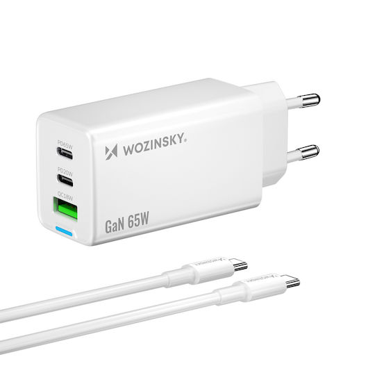 Wozinsky Charger GaN with USB-A Port and 2 USB-C Ports and Cable USB-C - USB-C 65W Whites